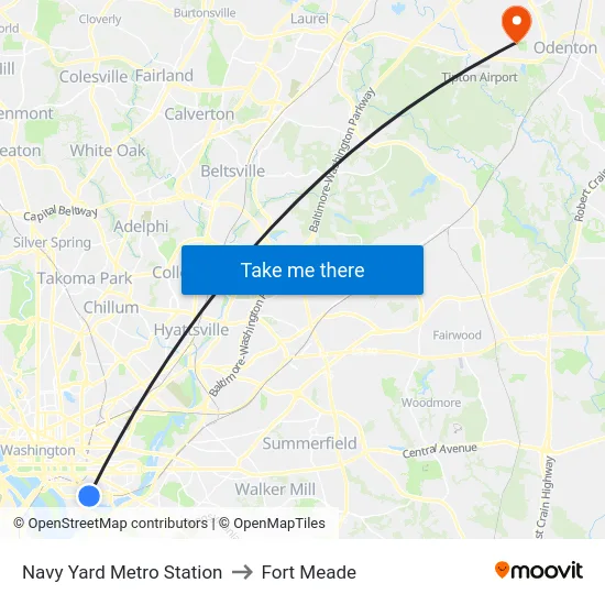 Navy Yard Metro Station to Fort Meade map