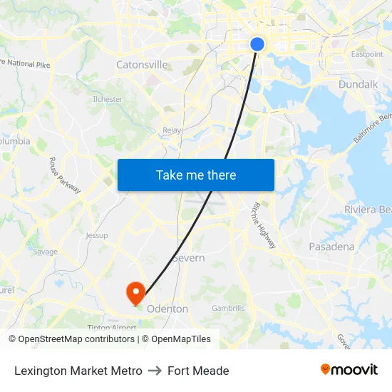 Lexington Market Metro to Fort Meade map