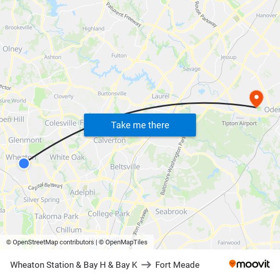 Wheaton Station  & Bay H & Bay K to Fort Meade map