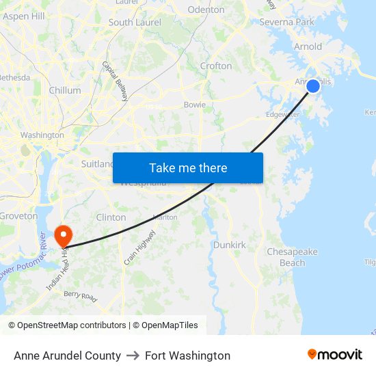 Anne Arundel County to Fort Washington map