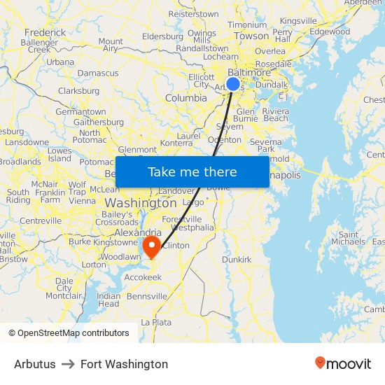 Arbutus to Fort Washington map