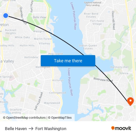 Belle Haven to Fort Washington map