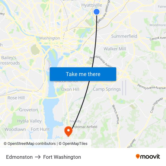 Edmonston to Fort Washington map