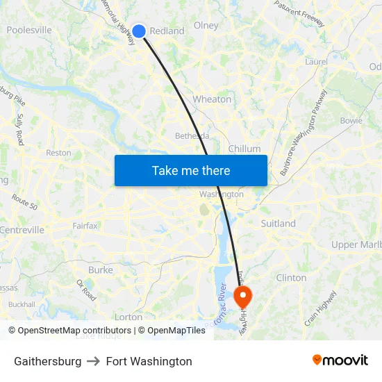 Gaithersburg to Fort Washington map