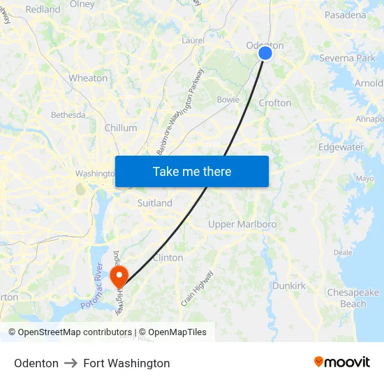 Odenton to Fort Washington map