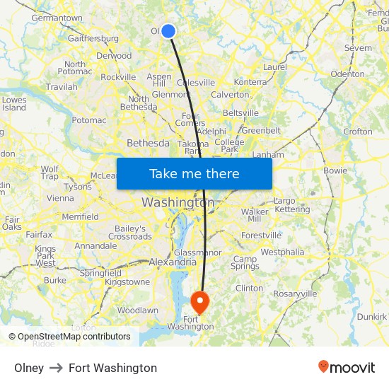 Olney to Fort Washington map