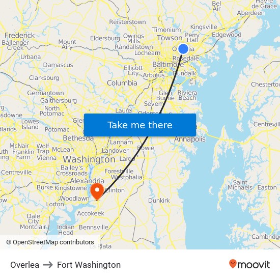 Overlea to Fort Washington map