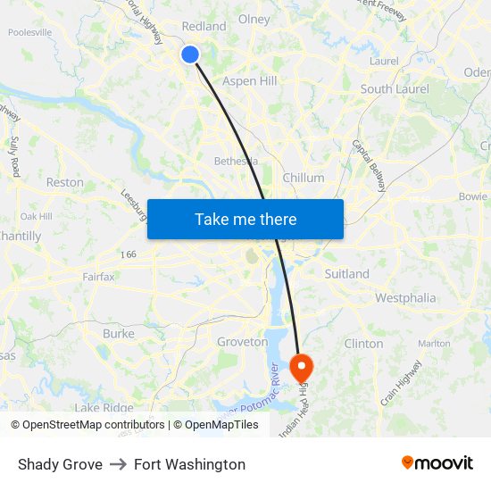 Shady Grove to Fort Washington map