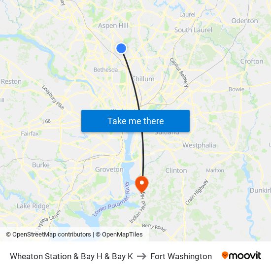 Wheaton Station  & Bay H & Bay K to Fort Washington map