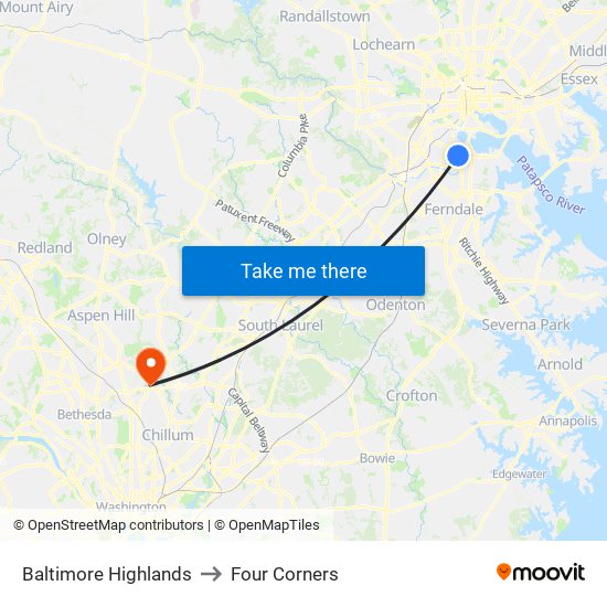 Baltimore Highlands to Four Corners map