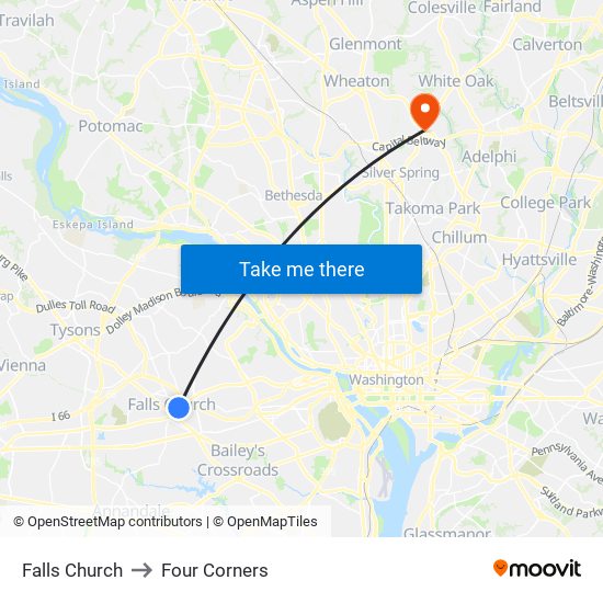 Falls Church to Four Corners map