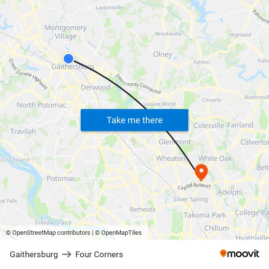 Gaithersburg to Four Corners map