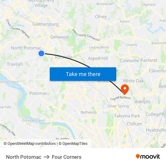 North Potomac to Four Corners map