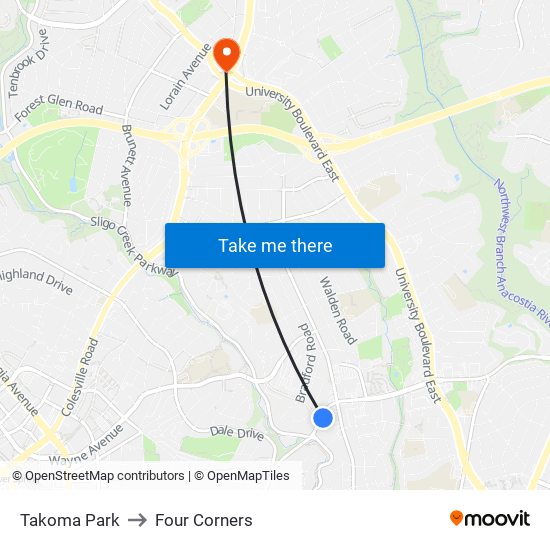 Takoma Park to Four Corners map