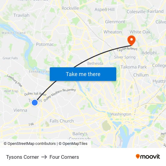 Tysons Corner to Four Corners map