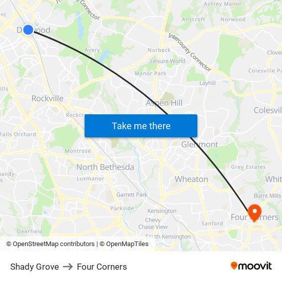 Shady Grove to Four Corners map