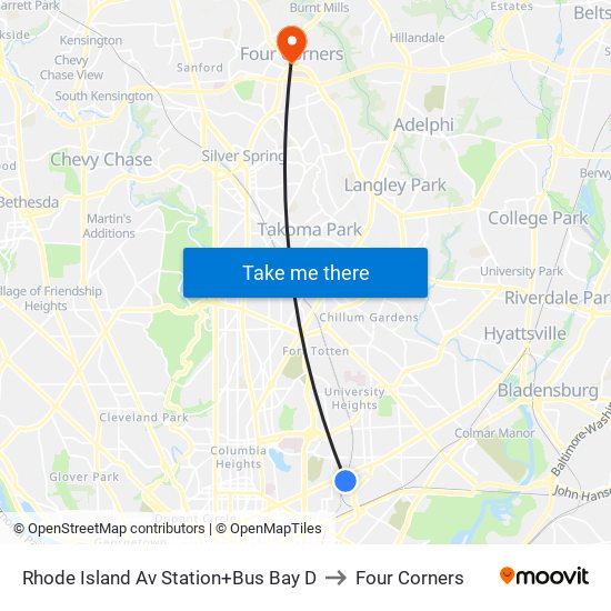 Rhode Island Av Station+Bus Bay D to Four Corners map