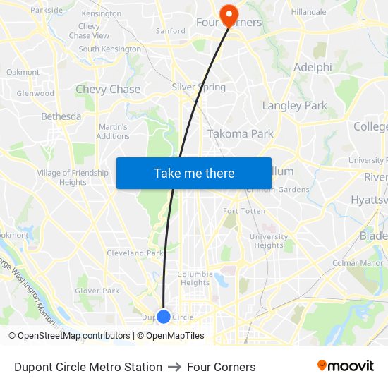 Dupont Circle Metro Station to Four Corners map