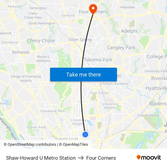 Shaw-Howard U Metro Station to Four Corners map