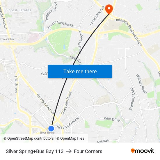 Silver Spring+Bus Bay 113 to Four Corners map