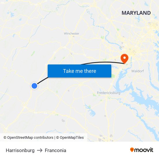 Harrisonburg to Franconia map