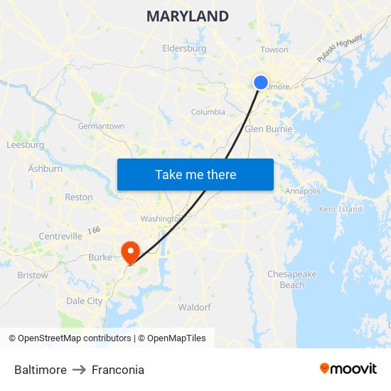 Baltimore to Franconia map