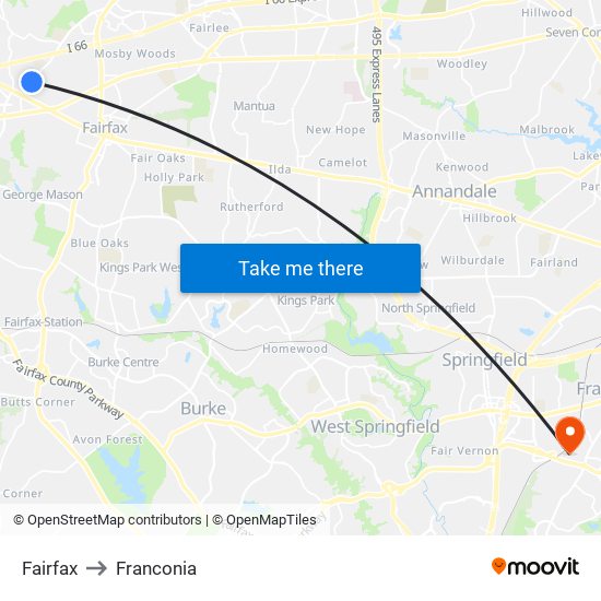 Fairfax to Franconia map