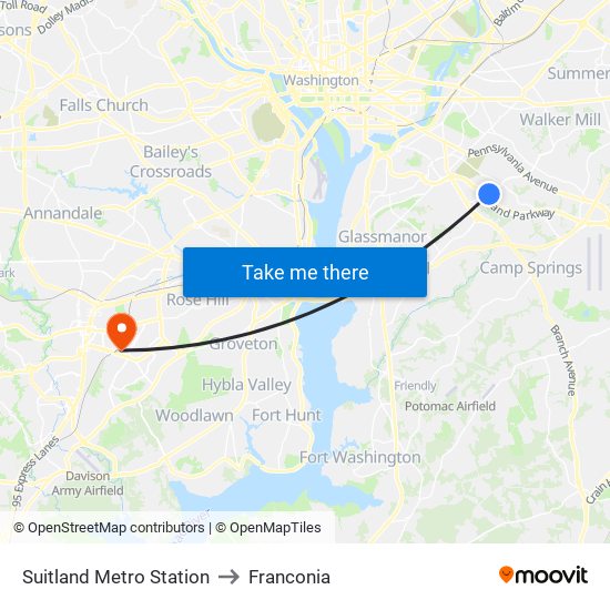 Suitland Metro Station to Franconia map