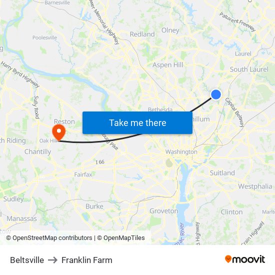 Beltsville to Franklin Farm map