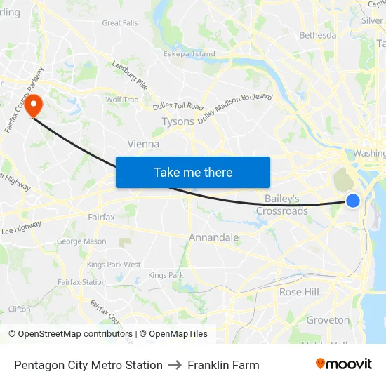 Pentagon City Metro Station to Franklin Farm map