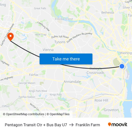 Pentagon Transit Ctr + Bus Bay U7 to Franklin Farm map