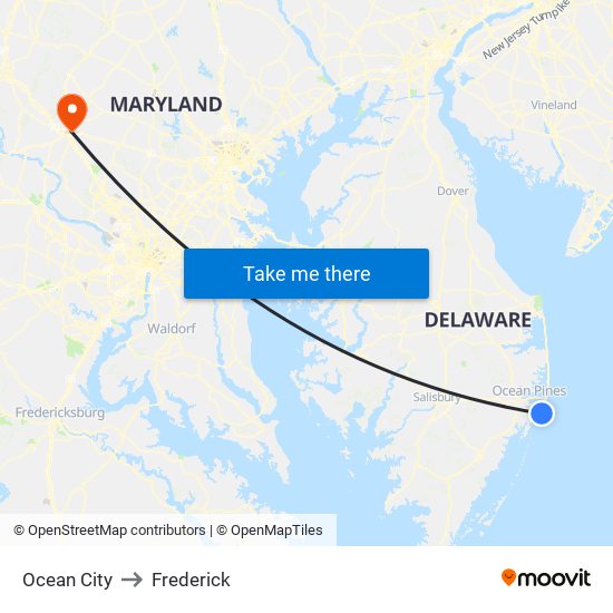 Ocean City to Frederick map