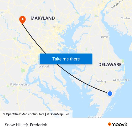 Snow Hill to Frederick map