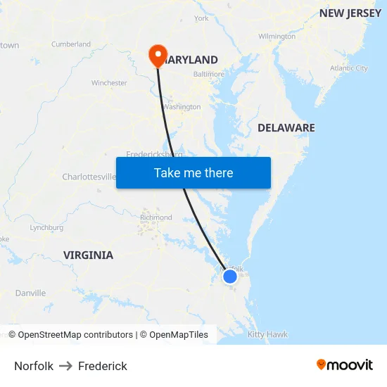 Norfolk to Frederick map