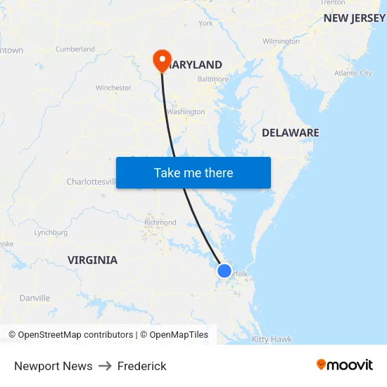 Newport News to Frederick map
