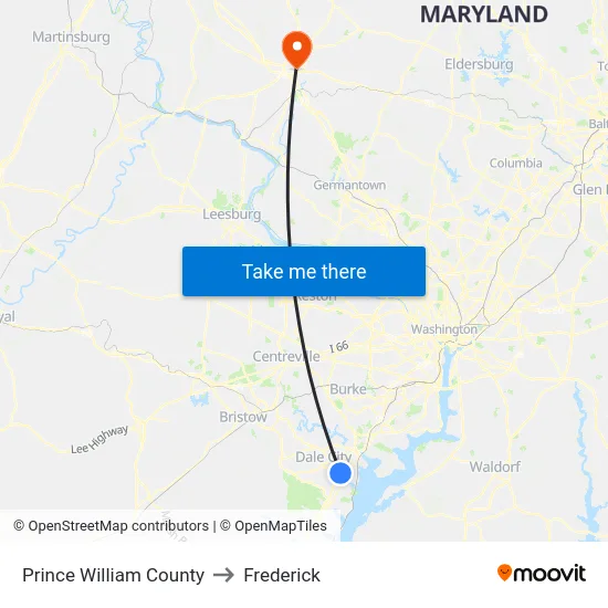 Prince William County to Frederick map