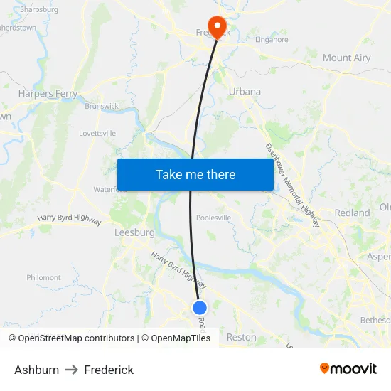 Ashburn to Frederick map