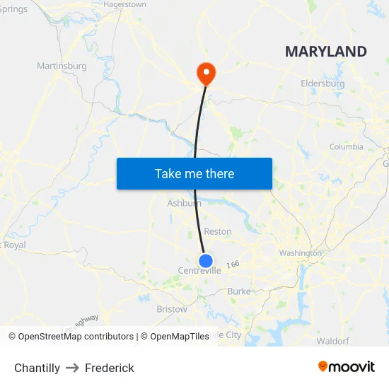 Chantilly to Frederick map