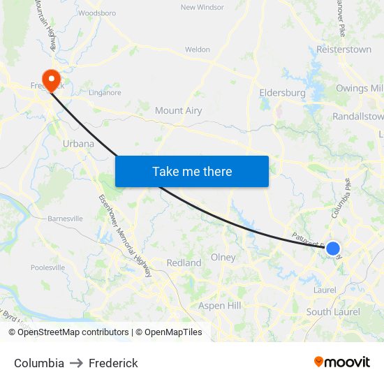 Columbia to Frederick map