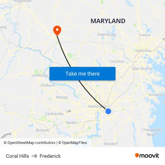 Coral Hills to Frederick map