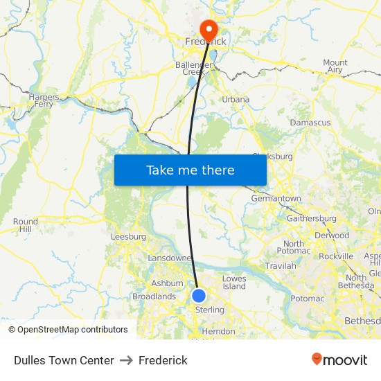 Dulles Town Center to Frederick map