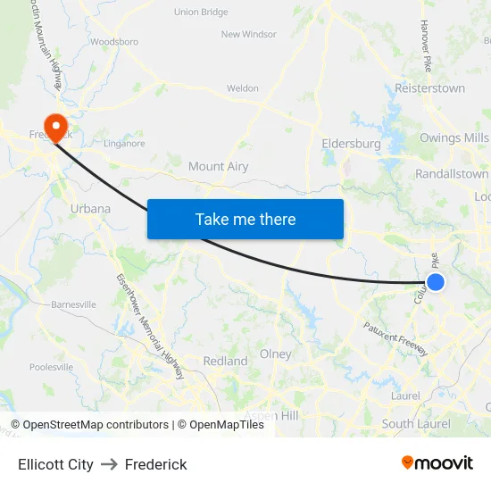 Ellicott City to Frederick map