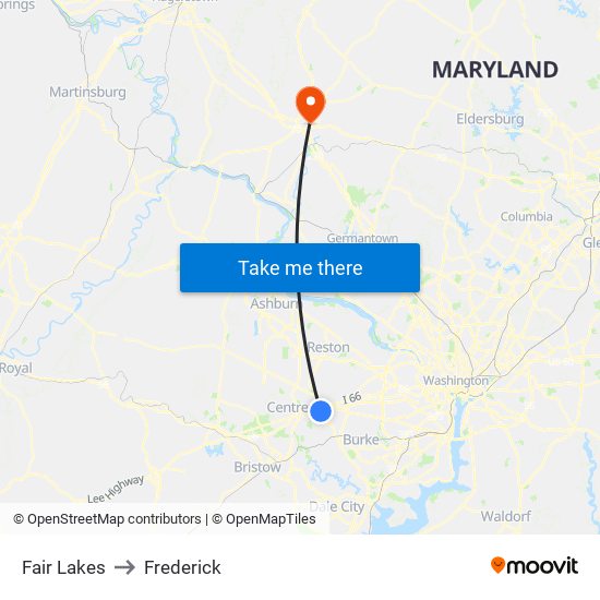 Fair Lakes to Frederick map