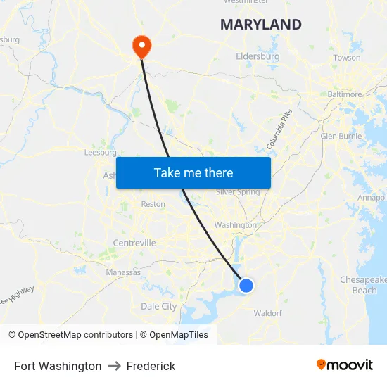 Fort Washington to Frederick map