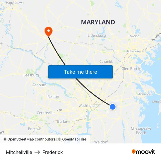 Mitchellville to Frederick map