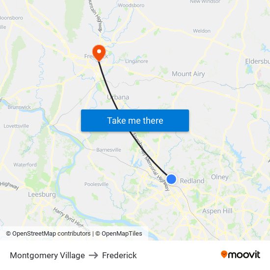 Montgomery Village to Frederick map