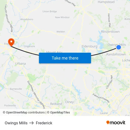 Owings Mills to Frederick map