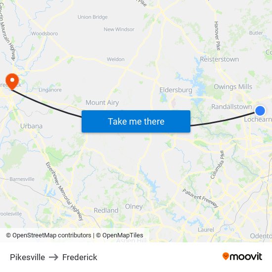 Pikesville to Frederick map