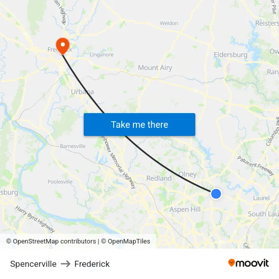 Spencerville to Frederick map
