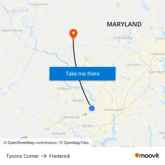 Tysons Corner to Frederick map